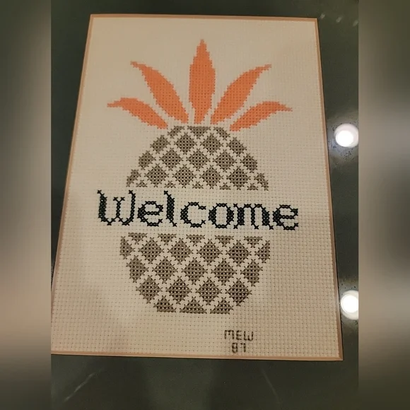 Cross Stitch Pineapple Welcome Professionally Matted And Framed - Picture 2 of 4